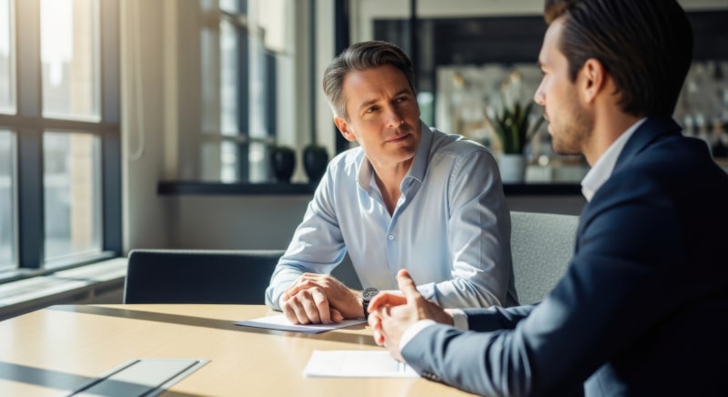 Solicitor discussing commercial re-financing options with a client at Fords Daly Legal